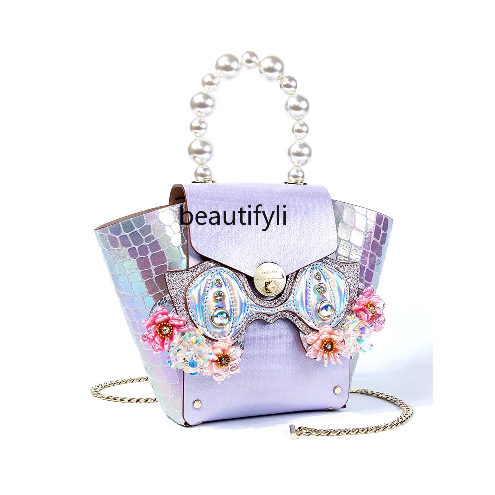 

yj Light Luxury Fashion Bag Pearl Portable Crossbody Cowhide Face Changing Owl Bag