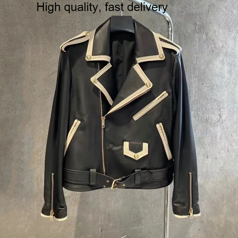 

Fashion 2023 New Women Coat Spring Short Length Locomotive Model White Stripe Decoration Genuine Leather Jacket Turn-Down Collar