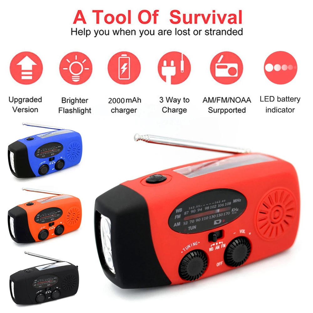 

Upgrade Multifunction Radio Hand Crank Solar 2000mAh USB Charging FM/ AM/ NOAA Weather Radios Emergency Flashlight Power Bank