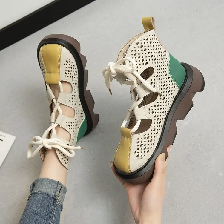 

2022 Spring New Women's Boots British Style Retro Martin Boots Hollow Round Toe Lace Thick Sole Short Boots Women