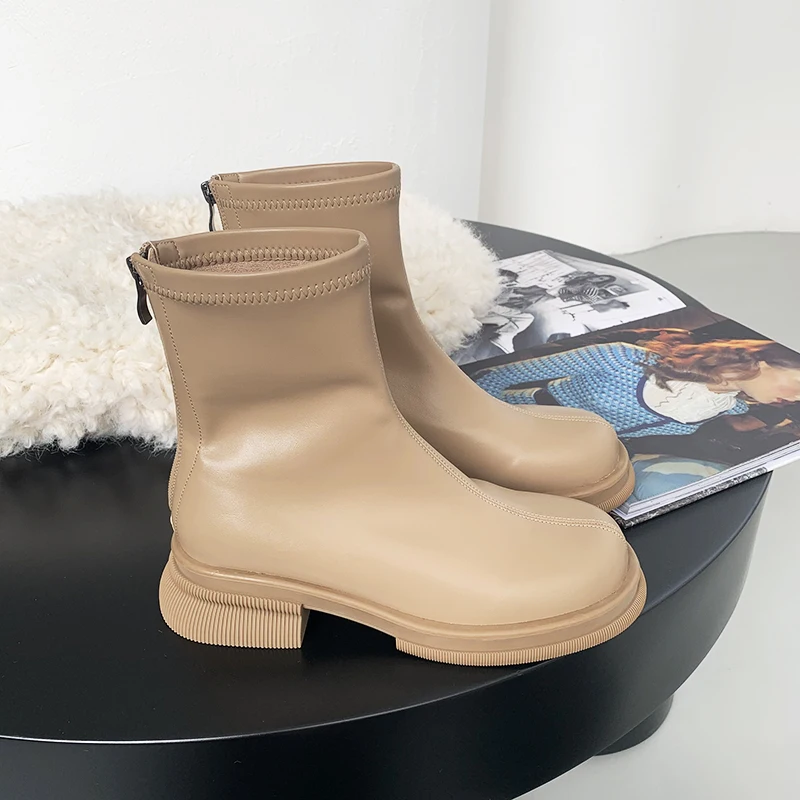 

Женские кожаные ботинки на молнии, с круглым носком, на низком каблуке