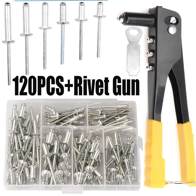 

Heavy Duty Riveter Set,Pop Rivet Gun and 120Pcs Blind Rivets Assortment Kit Hand Tools Rivet Nut Tool