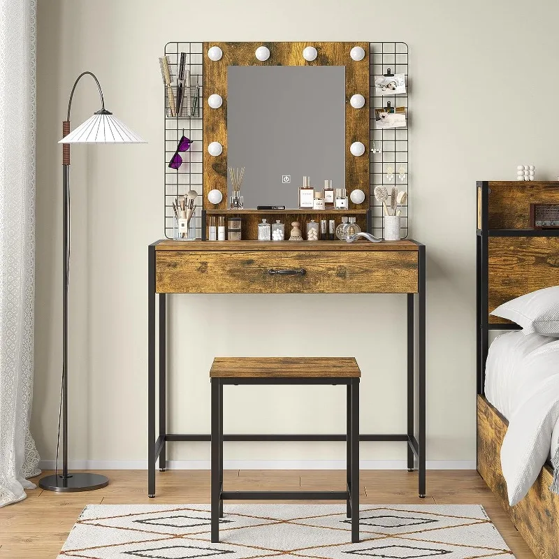 

Furniouse 33" W Vanity Desk, Vanity Mirror with Lights and Table Set with Drawers, Vanity Set 3 Lighting Modes Brightness Adjus