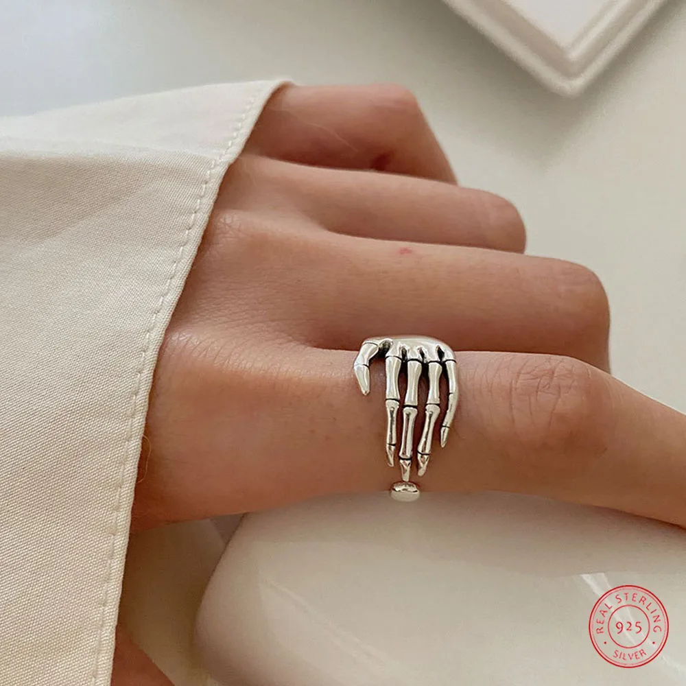 

CELAYI Resizable 925 Sterling Silver Ring For Women Creative Skeleton Hand Grip Shape Finger Rings S925 Men Women Jewelry Gift