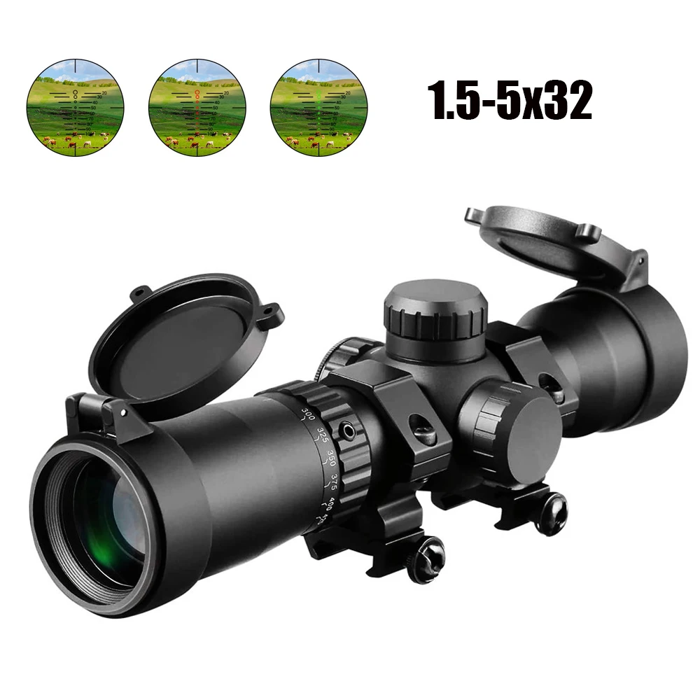 1.5-5x32 Crossbow Scope 20-100 Yards Ballistic Reticle Red Green Illuminated Etched Glass Reticle Hunting Optic for Cross Bow