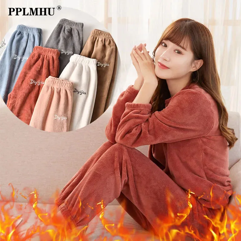 

Autumn Winter Warm Coral Fleece Pajamas 2 Piece Set Women Outfits Casual Loose Flannel Sleepwear Thick Velvet Pant Suit Homewear