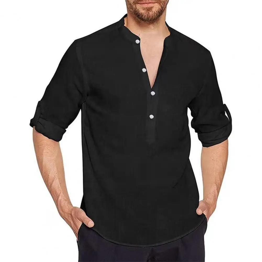 

Men Shirt Solid Color Summer T-shirt Breathable Men Tops Casual Half Single-breasted Stand Collar Summer Tops Streetwear