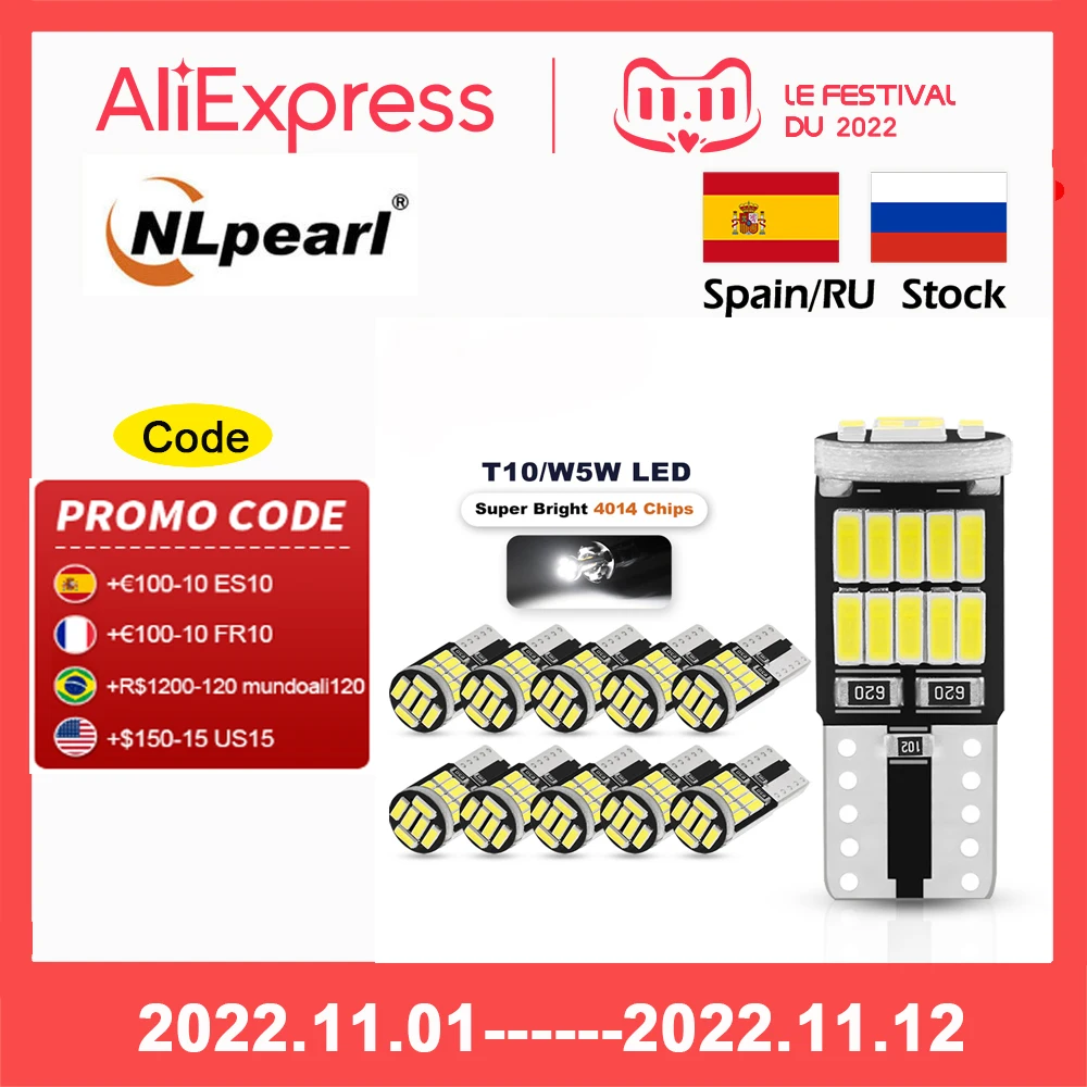 

Светодиодные лампы NLpearl 2/10x W5W T10 Canbus 4014 SMD 6000K 168 194 Led 5w5 для салона автомобиля купольная лампа для чтения номерного знака