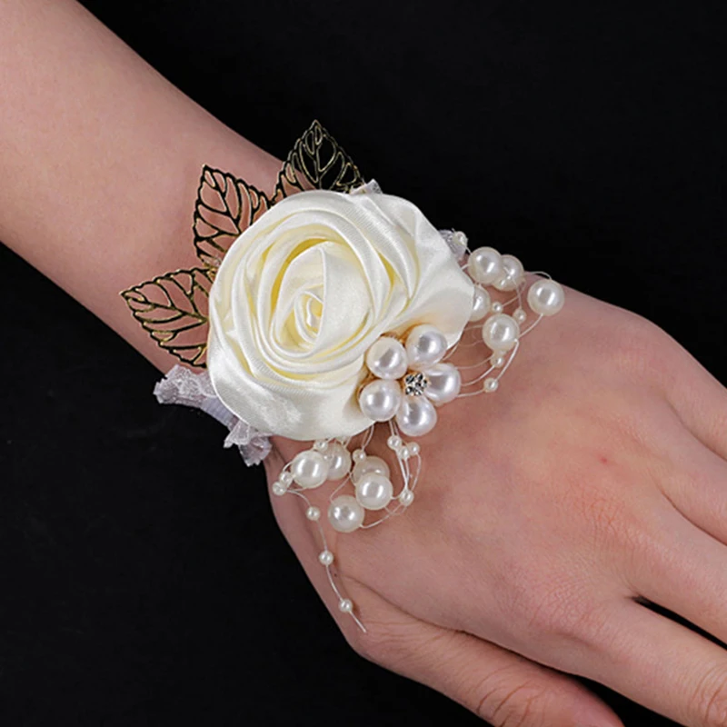 

Girls Bridesmaid Wrist Flowers Wedding Party Boutonniere Satin Rose Bracelet Hand Flowers Wedding Supply Accessories Artificial