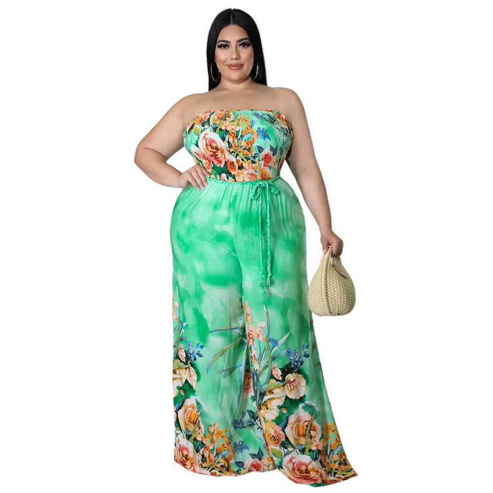 

Adogirl Flower Print Strapless Wide Leg Jumpsuit Summer Sexy Sleevekess Lace Up Backless Overalls Holiday Beach Wear Casual 2022