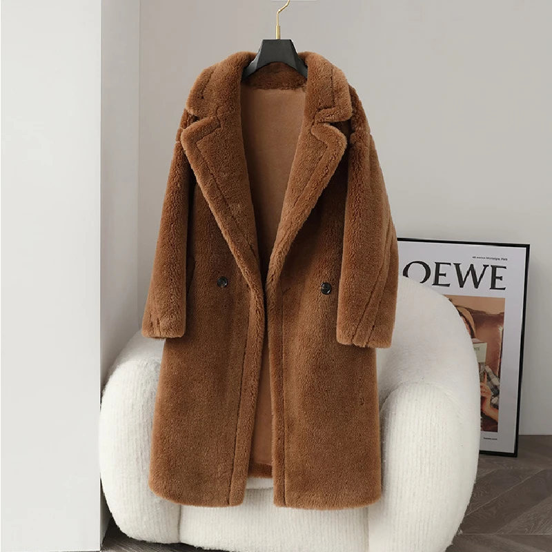 Long Faux Fur Coat Wool Blends Pockets Winter Jacket Women 2022 New Double Faced Fur Office Lady Loose Famale Clothing Parkas