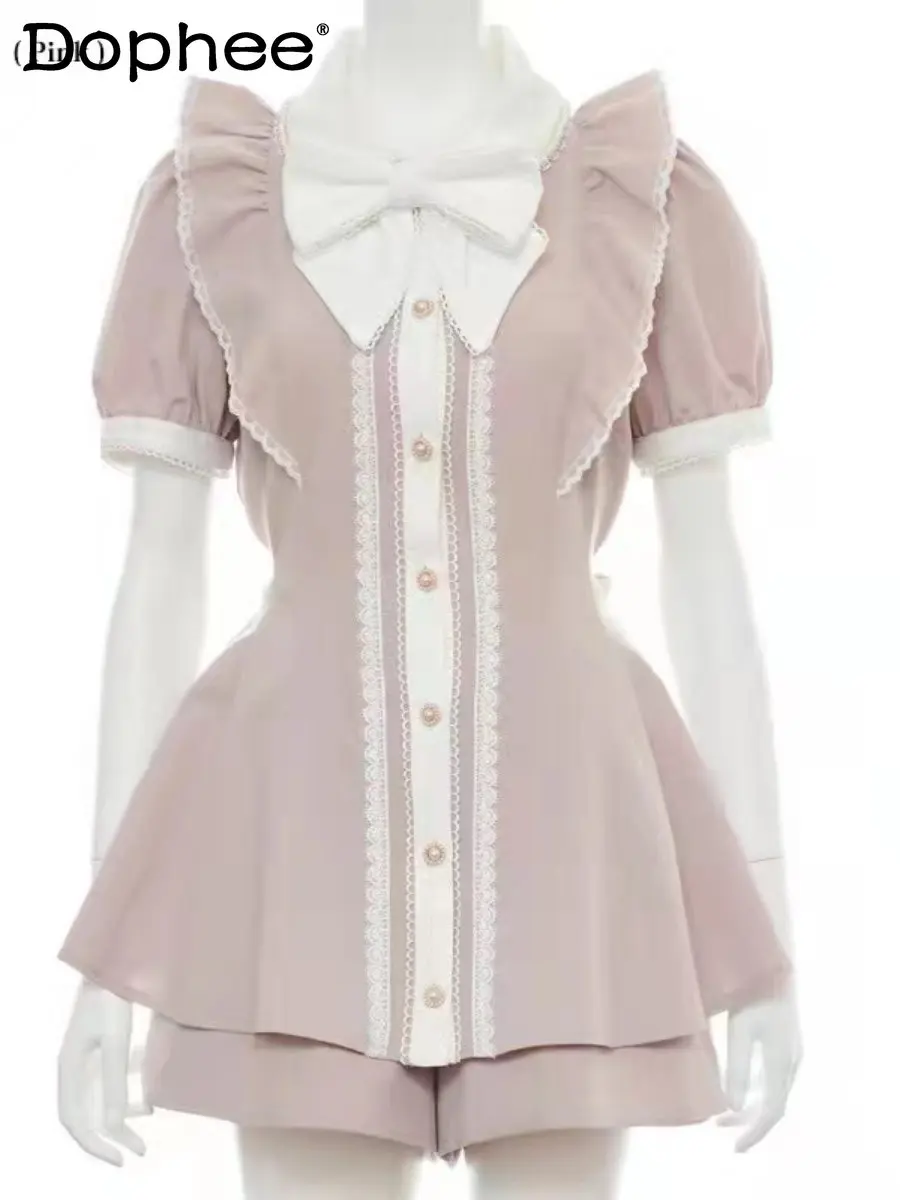 

Japanese Sweet Lolita Suit Women Spring Summer Elegant Ruffled Lace Short Sleeve Shirt Casual Shorts Skirt Pearl Two-Piece Sets