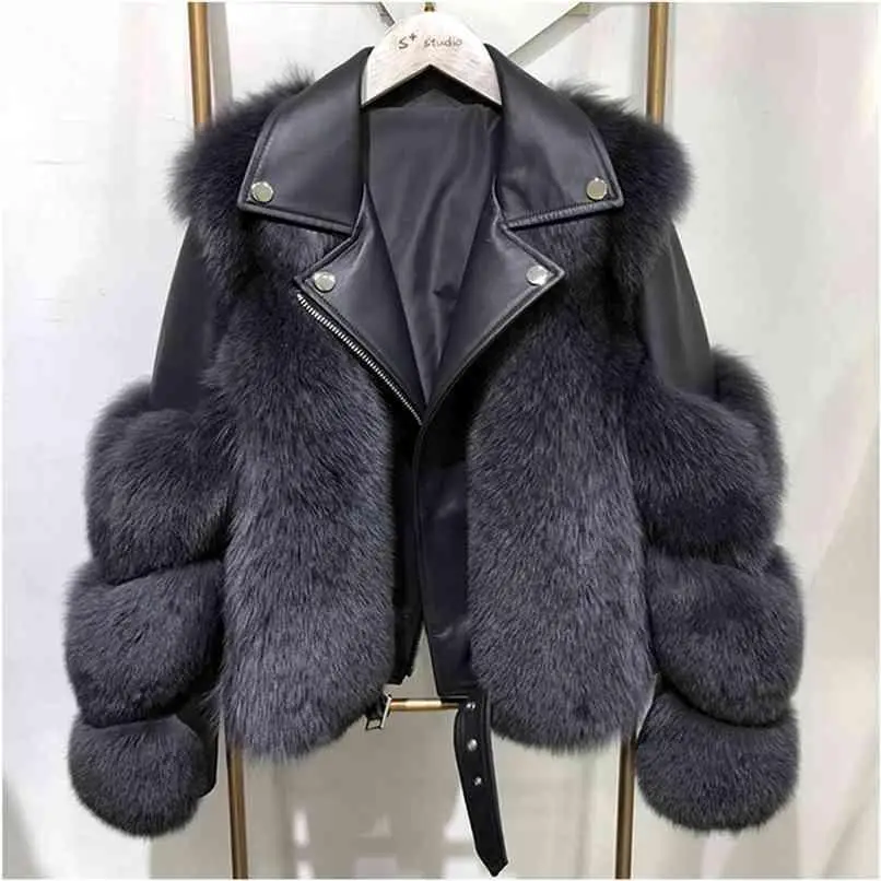 

Women Faux Fur Coat With Fox Fur Winter Fashion Motocycle Style Luxury Fox Fur Leather Jackets Woman Trendy Overcoats 210902