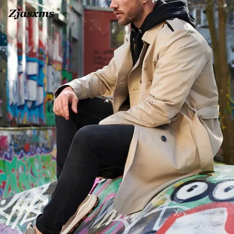 

Autumn Long Sleeved Lapel Coat Fashion Men Slim Fitting Double Breasted Casual Outerwear Spring Mid-length Jacket Daily Male Top