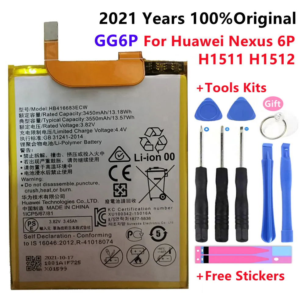 

2021 Years New HB416683ECW Real 3450mAh Battery For Huawei Google Ascend Nexus 6P H1511 H1512 +Tools+Stickers