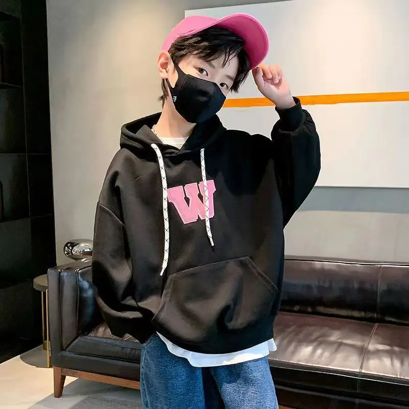 

Свитер с капюшоном, весна-осень, уличная одежда для мальчиков, корейская мода, новинка 2023, Топ с длинным рукавом, детская одежда, повседневна...