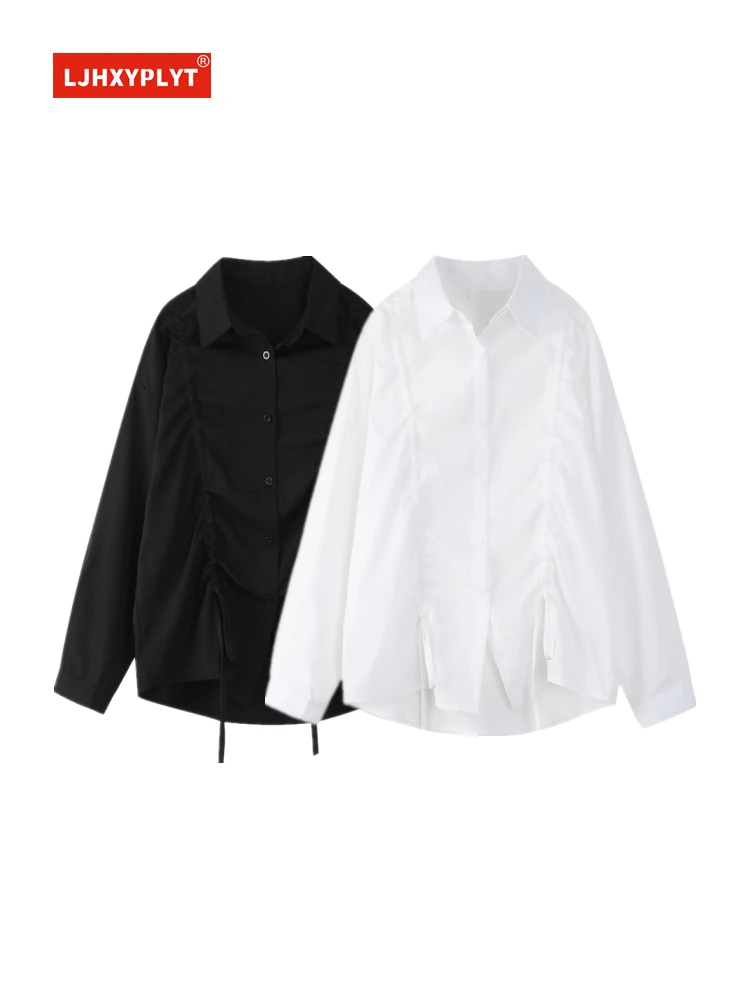 

Drawstring Lacing White Long-sleeve Shirt Womens Spring Autumn Temperament Solid Color Casual Loose Thin All-match Blouse Female