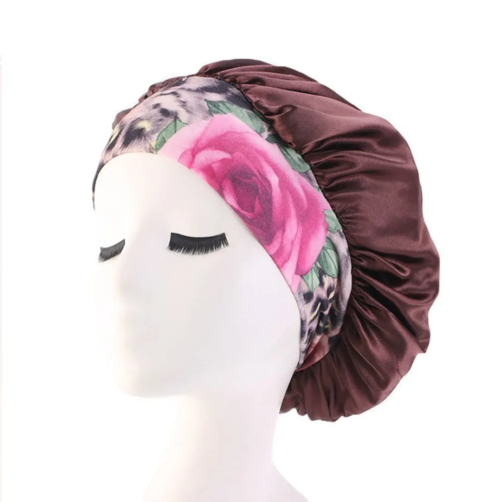 

Hot Newest Hair Cap Fashion Women Satin Night Sleep Cap Hair Bonnet Hat Silk Head Cover Print Wide Elastic Band For Women