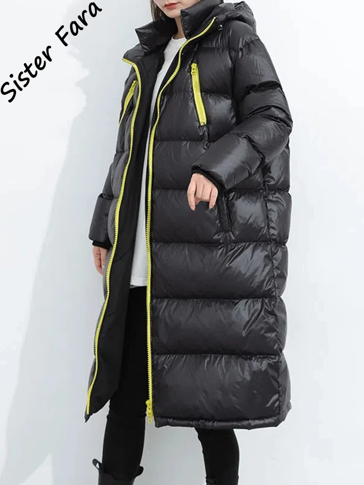 Sister Fara White Duck Down Jacket Thicken Hooded Warm Over-The-Knee Coat Unisex Winter Black Long Down Parka Puffer Jacket Coat
