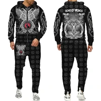 new viking tattoo 3d printed zip hoodie pants mens casual long sleeve sweatshirt sportswear set