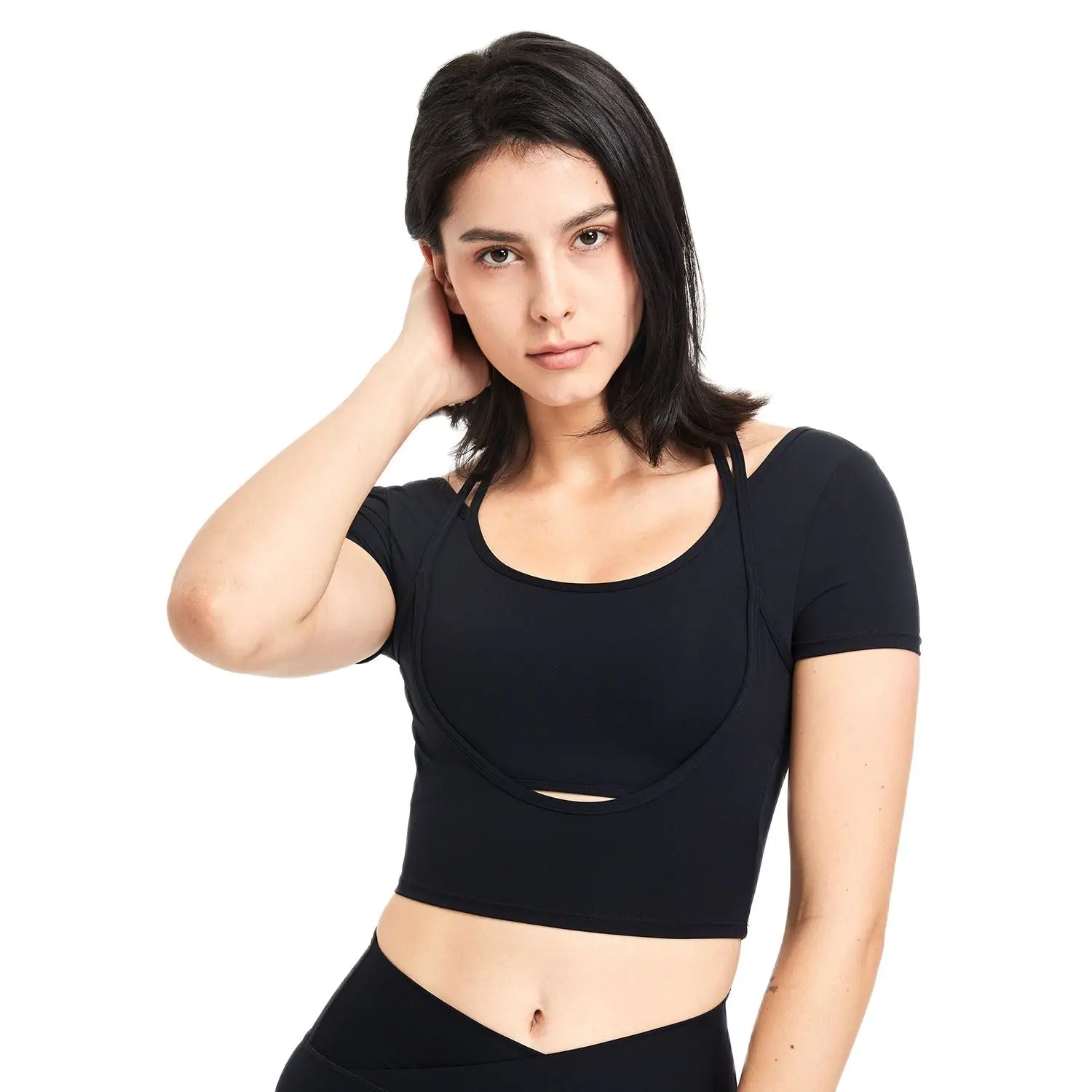 

2022 Summer Lycra Crop Top with Chest Pad Yoga Short Sleeves Gathered Shockproof Fitness Underwear Naked Sports Bra Black