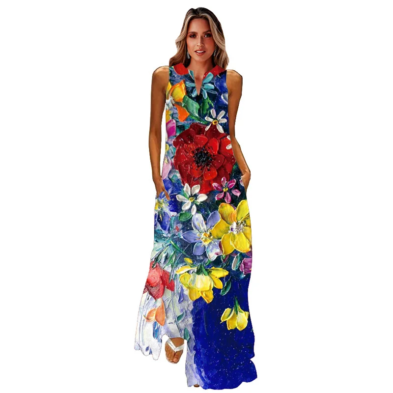

OMCHION Spring Summer Long Dress Women Black Elegant Casual Golden Rose Print Dresses Woman Sleeveless Beach Maxi Women's Dress