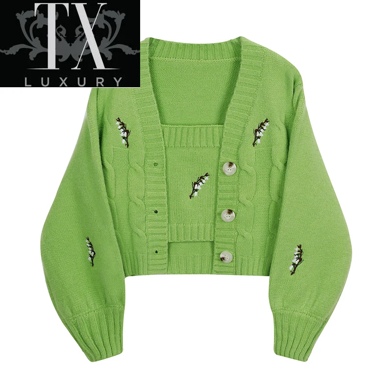 

Knitted Sweaters Cardigan And Vest Women Autumn Winter Fashion Suits Chic Loose Long Sleeve Floral Tops Female Knit Coat