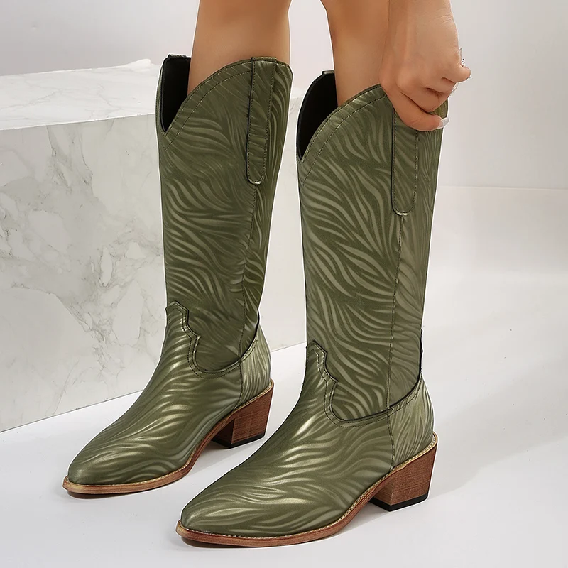 

Сапоги женские зеленые в западном стиле, искусственная кожа, заостренный носок, высокие сапоги до колена, ботинки из коровьей кожи на массивном каблуке, большие размеры