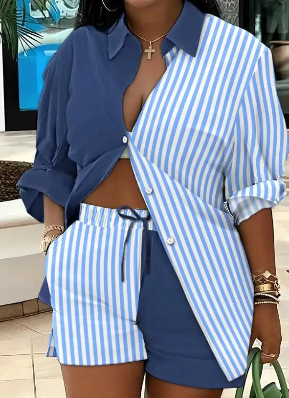 

Striped Colorblock Shirts Shorts Set Two Piece for Woman Summer Casual Long Sleeve Button Drawstring Patchwork Shirt &Shorts Set