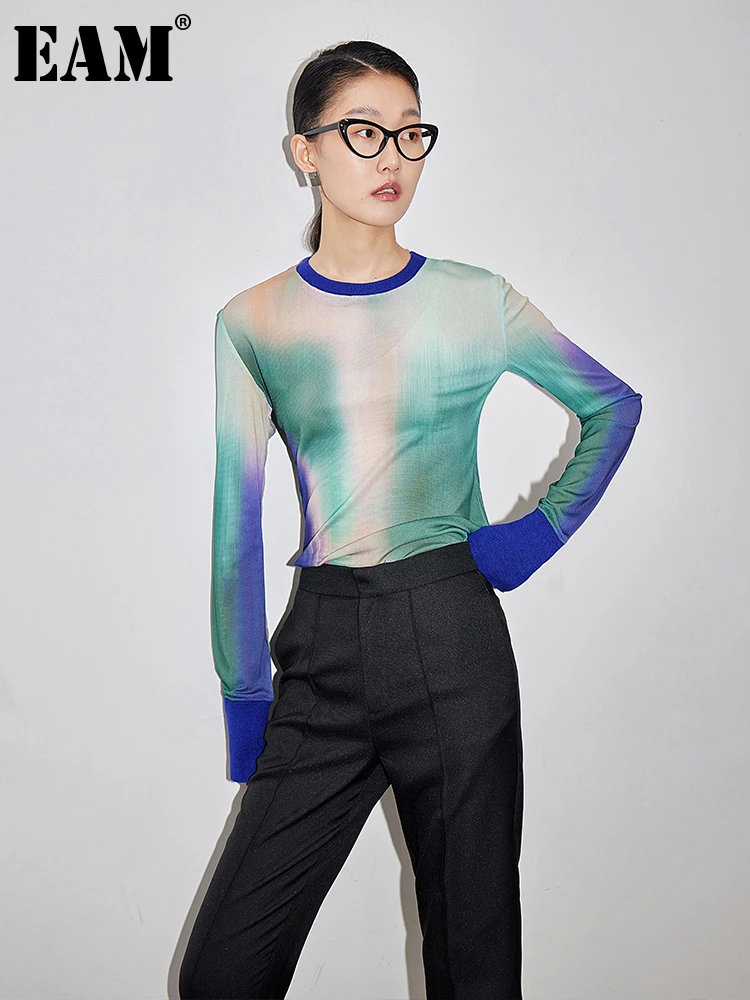 

[EAM] Women Purple Gradient Tie Dye Thin Temperament T-shirt New Round Neck Long Sleeve Fashion Tide Spring Autumn 2023 1DF5695