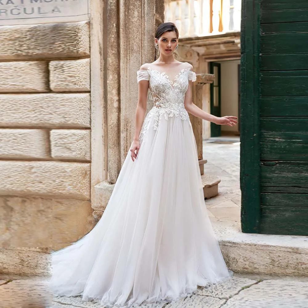 

Elegant Bridal Gowns Lace Appliques V-Neck Illusion Back Button Bride Dress 2022 New Off Shoulder Beaded Wedding Gown For Women