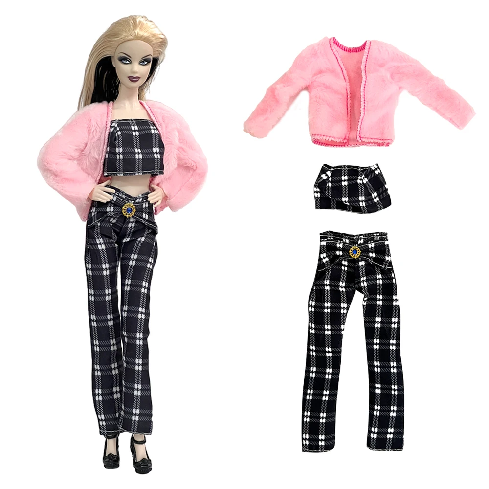 

Официальный комплект NK 1, розовый благородный костюм, пальто + черный и белый модный топ + клетчатые брюки для куклы Барби 1/6, аксессуары, детс...