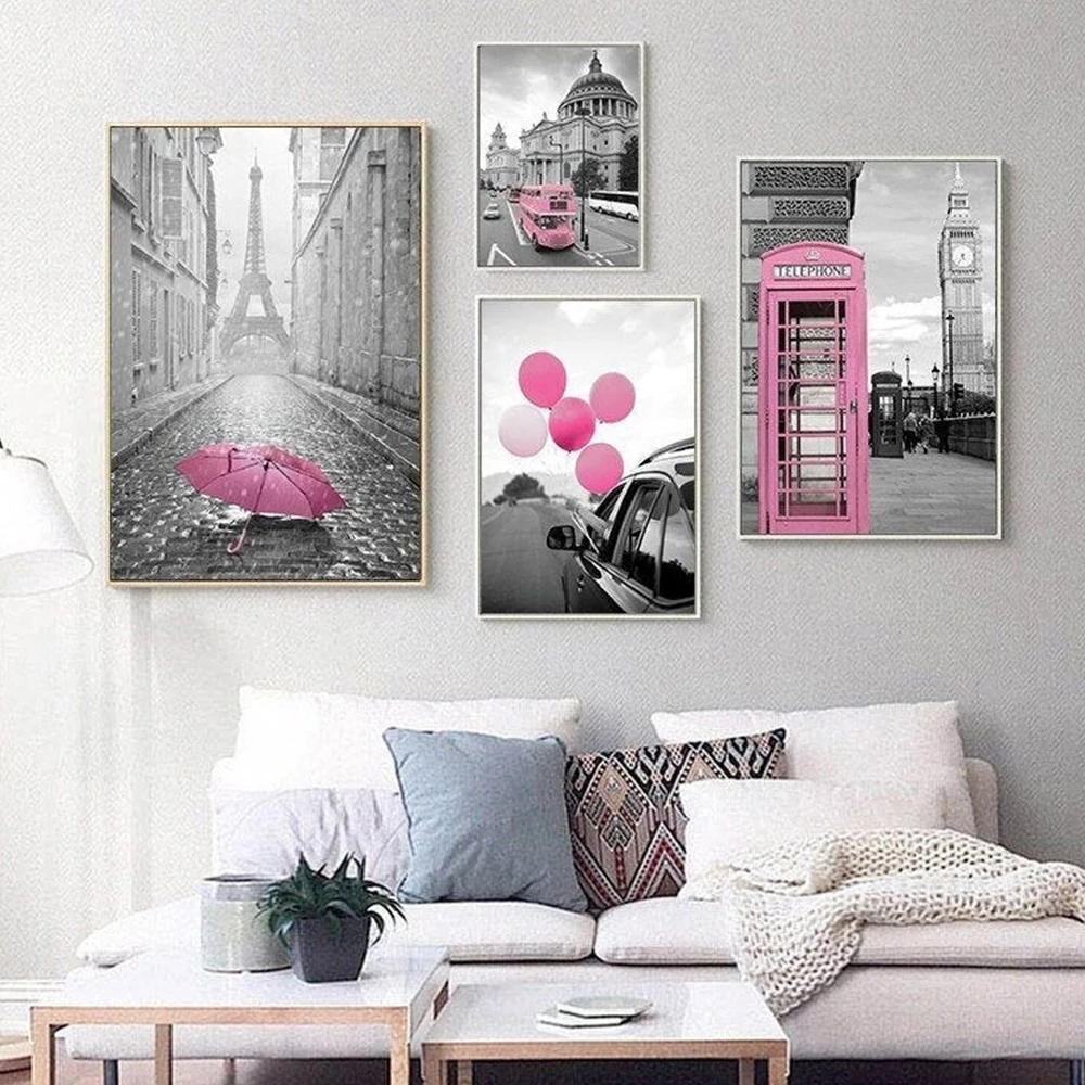 

Pink Balloon Telephone Booth Bus Poster Black White Background Wall Poster Print Paris Scenic Canvas Painting Room Home Decor