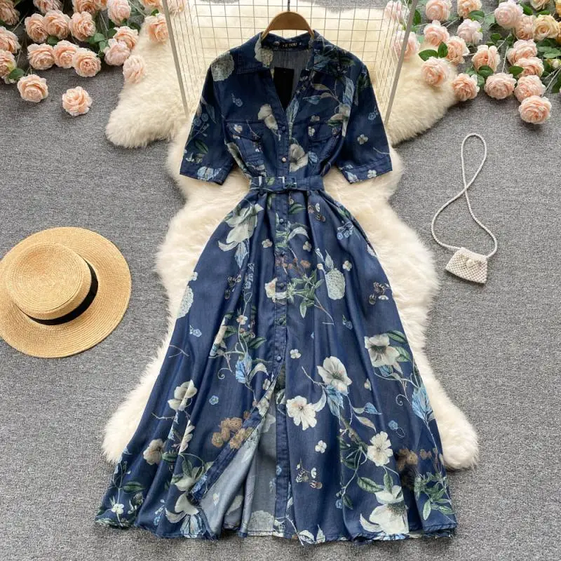

Aibeautyer New Casual Spring Autumn Button Floral Print Slim Short Lady Dress A Line Polo Collar Single Breasted Women Dresses