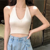 sexy sleeveless halterneck tank tops women 2022 summer thin beautiful short backless soft knitted cropped tops