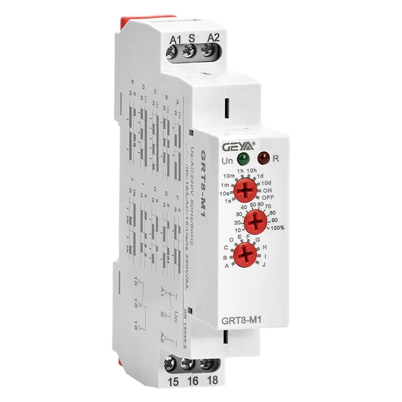 

GEYA GRT8-M1 On Off Time Delay Relay 16A AC/DC12V-240V Multifunction Din Rail Automatic Timer Relay