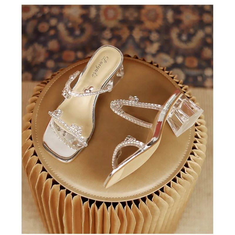 

Women's Transparent One Word with Crystal Slippers 2023 Summer New Wine Glass Heel Design Sandals Fashion Outer Wear Slippers
