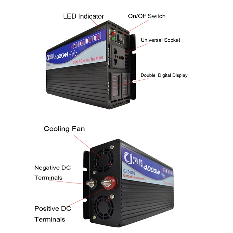 Pure Sine Wave Inverter DC 12V 24V 48V 60V to AC 110V 220V 50HZ 60HZ 2000W 3000W 4000W Power Converter Doule Digital Display