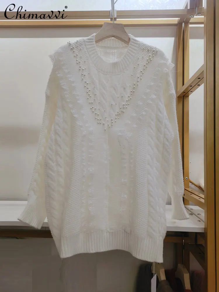 

Women's Korean Fashion Sweet Beads Ruffled Wool Sweater 2023 Spring Fairy Trendy Loose New Lace Stitching Idle Style Knitted Top