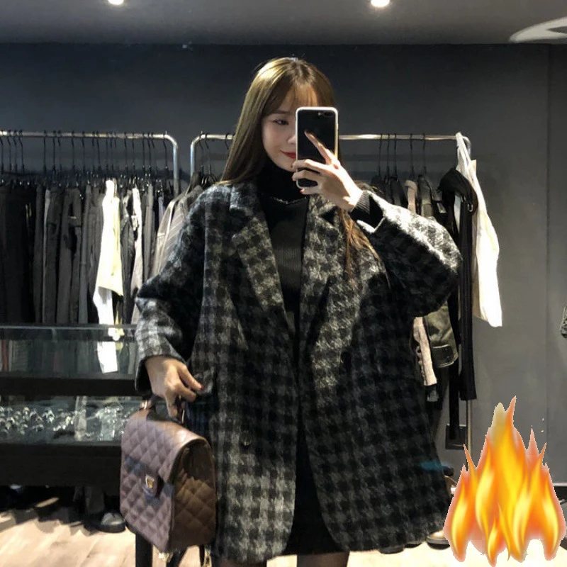 Black White Plaid Wool Winter Blazers Office Ladies Vintage Add Velvet Thicken Casual Loose Suit Coats Middle Long Warm Outwear