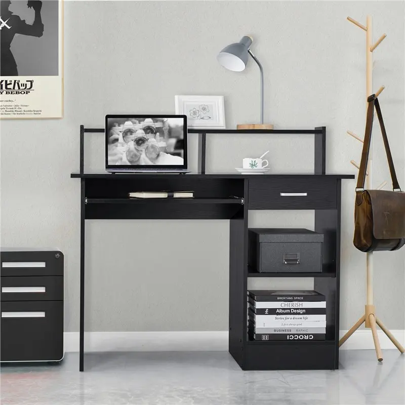 

POPTOP Wooden Home Office Computer Desk with Drawers and Keyboard Tray, Black