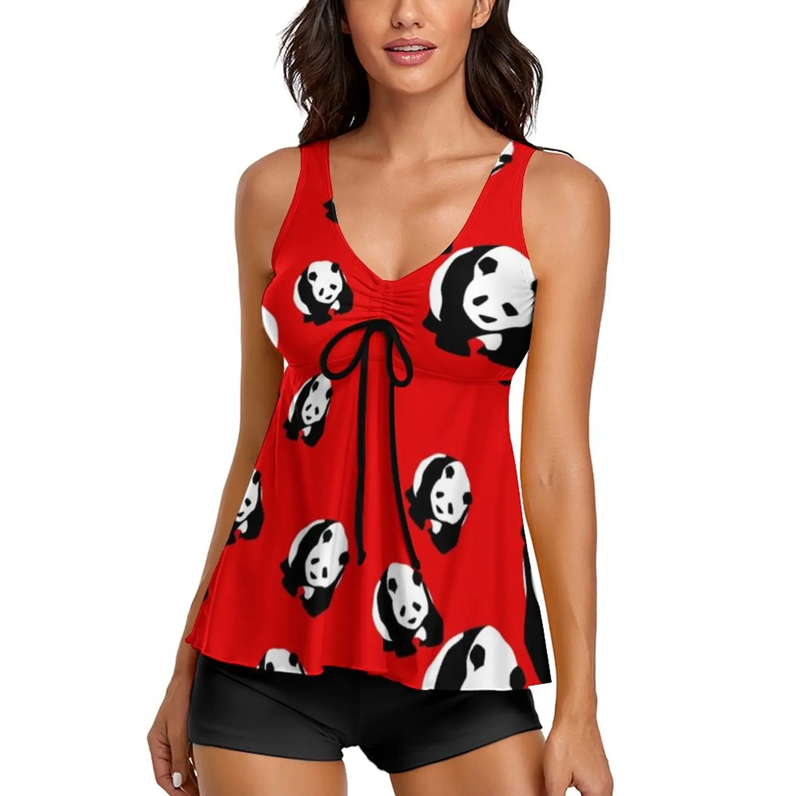 

Cute Panda Tankini Swimsuit Animal Print Pool Swimwear Two Piece Fashion Bathing Suits Graphic Beachwear Large Size 4XL
