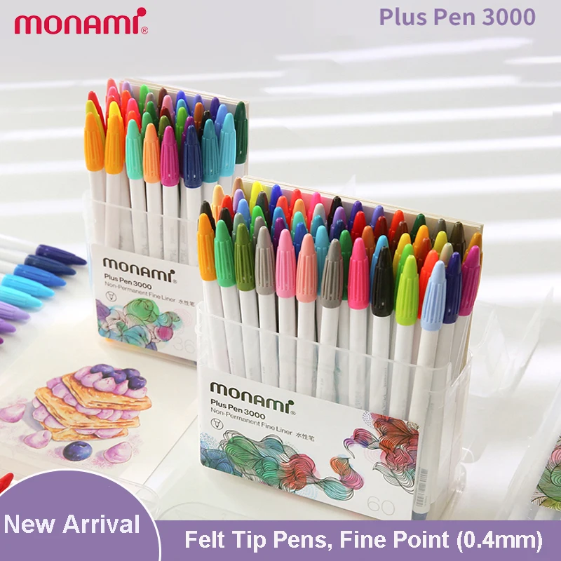 MONAMI Plus Pen 3000 Felt Tip Pens 12/24/48/60 Fine Point (0.4mm), Coloring/Drawing/Journaling, Assorted Colors