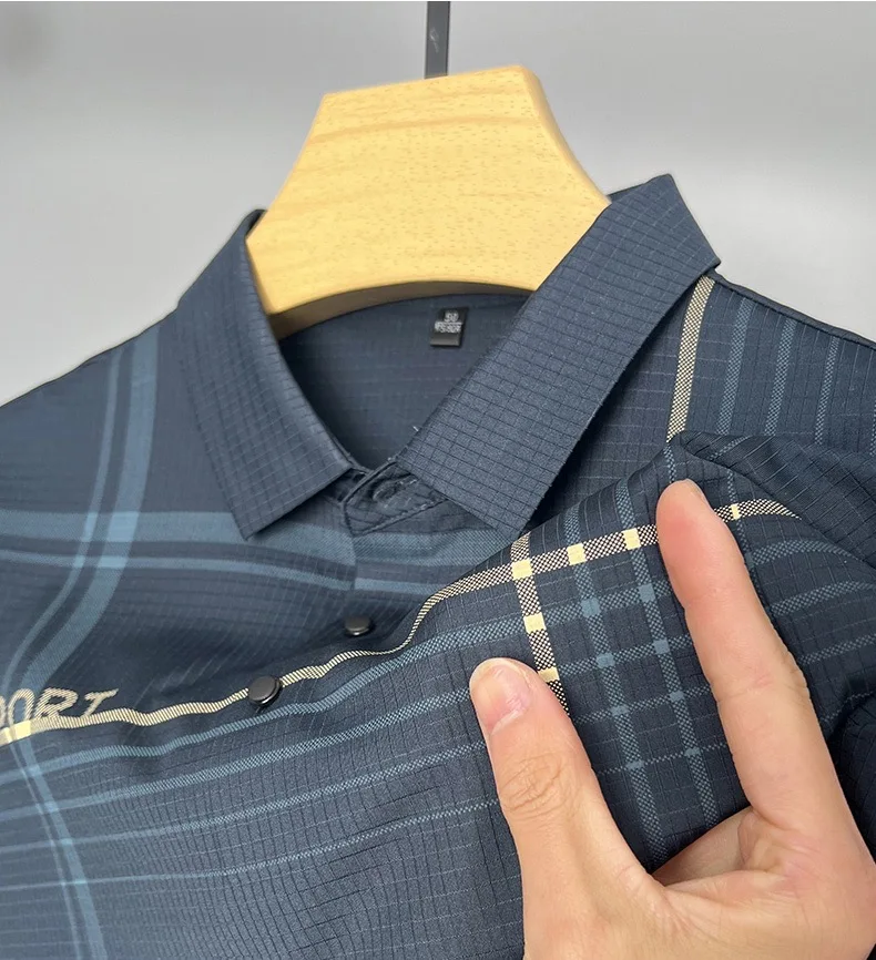 

High quality ice silk short sleeve T-shirt men's 2023summer new half sleeve fashionable plaid printed casual business polo shirt