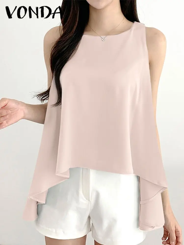 

VONDA Sleeveless Summer Tops 2023 Fashion Tunic Women Irregular Hem Blouses Elegant Office Tunic Shirts Solid Color Casual Blusa