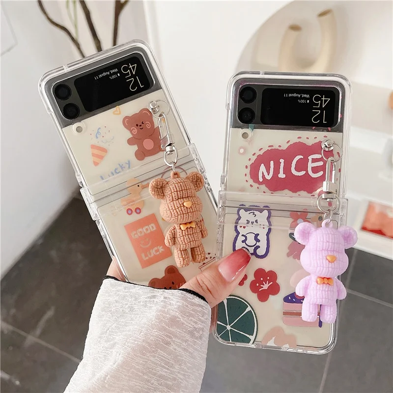 

Cute Bear Pendant Phone Case For Samsung Galaxy Z Flip 3 Cover Fashion Clear Cartoon Hard Protective Cases For Z Flip3 5G