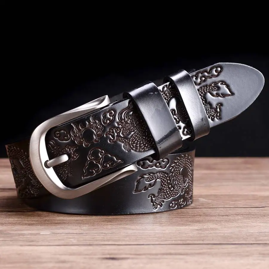 Genuine Leather Belt  Male Waistband Fashion Cowskin Belts for Men Pin Buckle Dragon Belt Black\Coffee Color Width:3.8cm