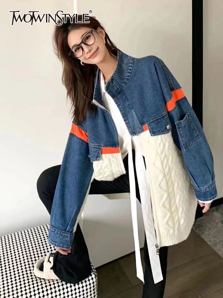 

TWOTWINSTYLE Colorblock Knitting Loose Sweaters For Women Stand Collar Long Sleeve Patchwork Denim Sweater Female Autumn Vintage