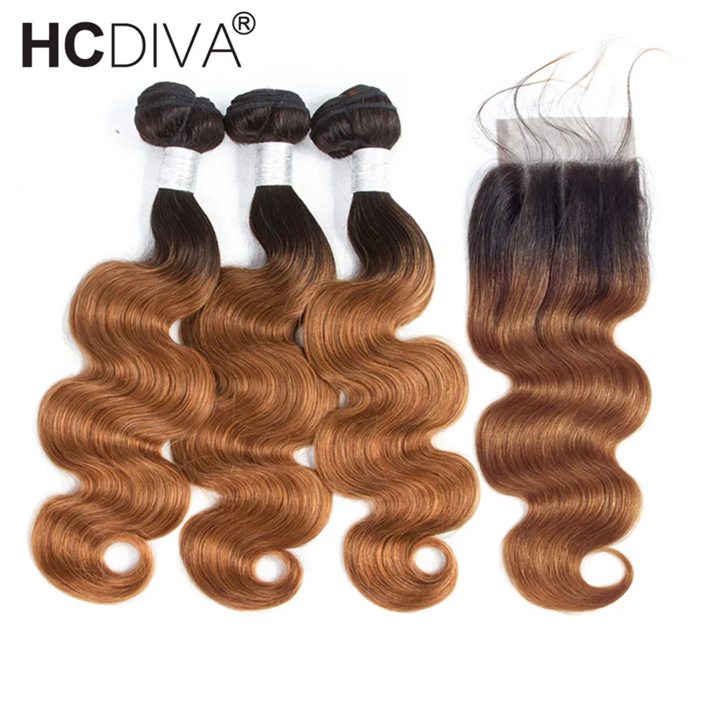 Ombre Bundles With Closure T1B/30 Colored Body Wave Human Hair Bundles With Closure 10A 3PCS Brazilian Hair Bundles With Closure