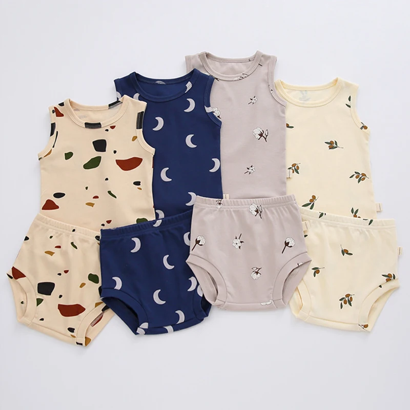 6-36M Baby Clothing Set Summer Fashion Baby Boy Girl Clothes Cotton Printed Sleeveless Top+Short 2-Piece Suit Newborn Clothing